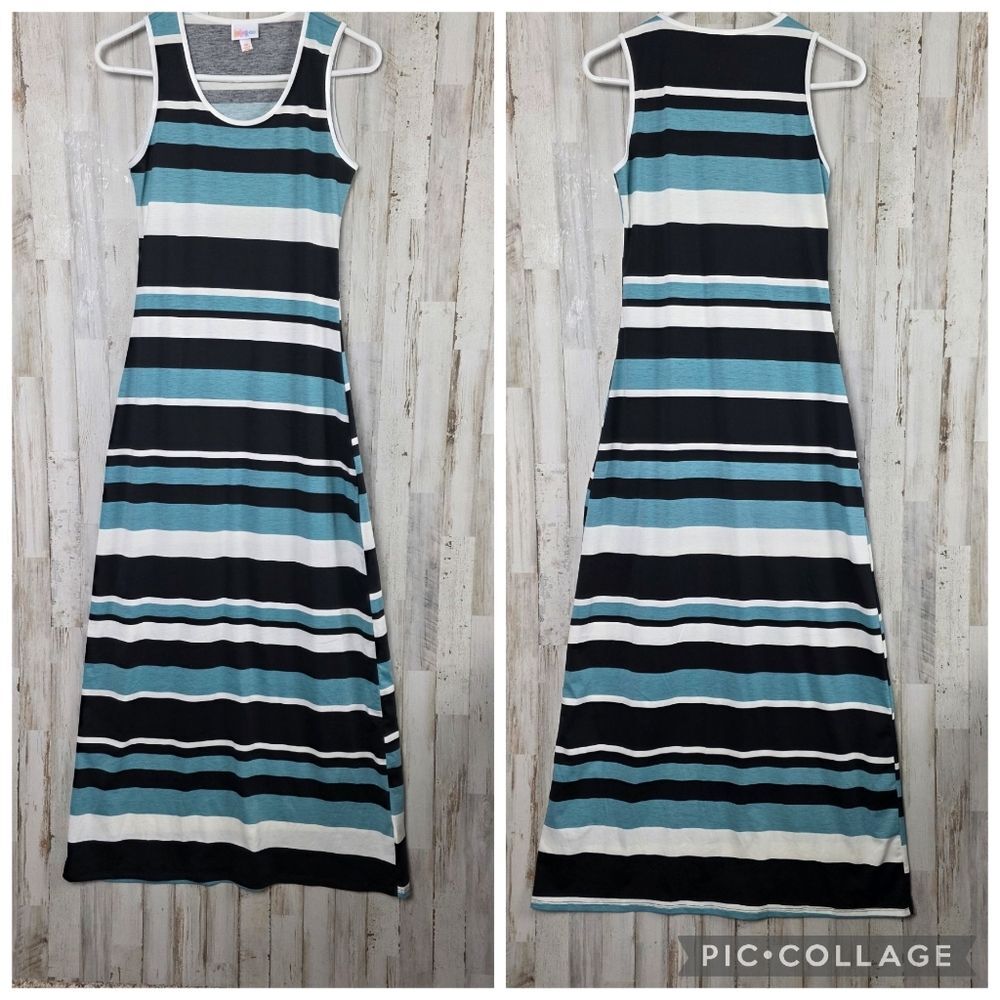 Lularoe Dani Striped Sleeveless Maxi Dress Blue Black & White Size XS 2-4
